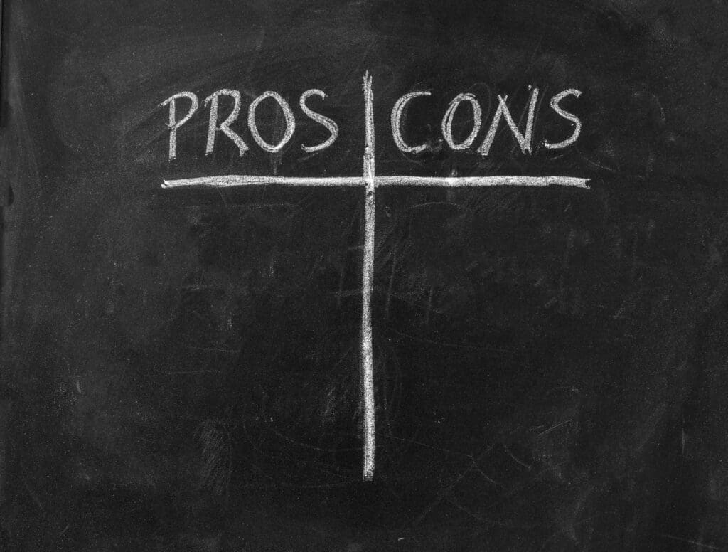 Pros contra cons concept. Empty list on chalkboard background, for decision making. Analysis and comparison between negative positive, success choice.