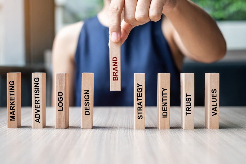 Wooden blocks, concept of developing business brand